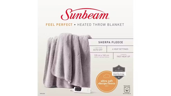 Sunbeam Heated Throw Blanket | Sherpa Fleece Heated Sofa Warming Bed Blankie | Fast Heating, 6 Heat Settings