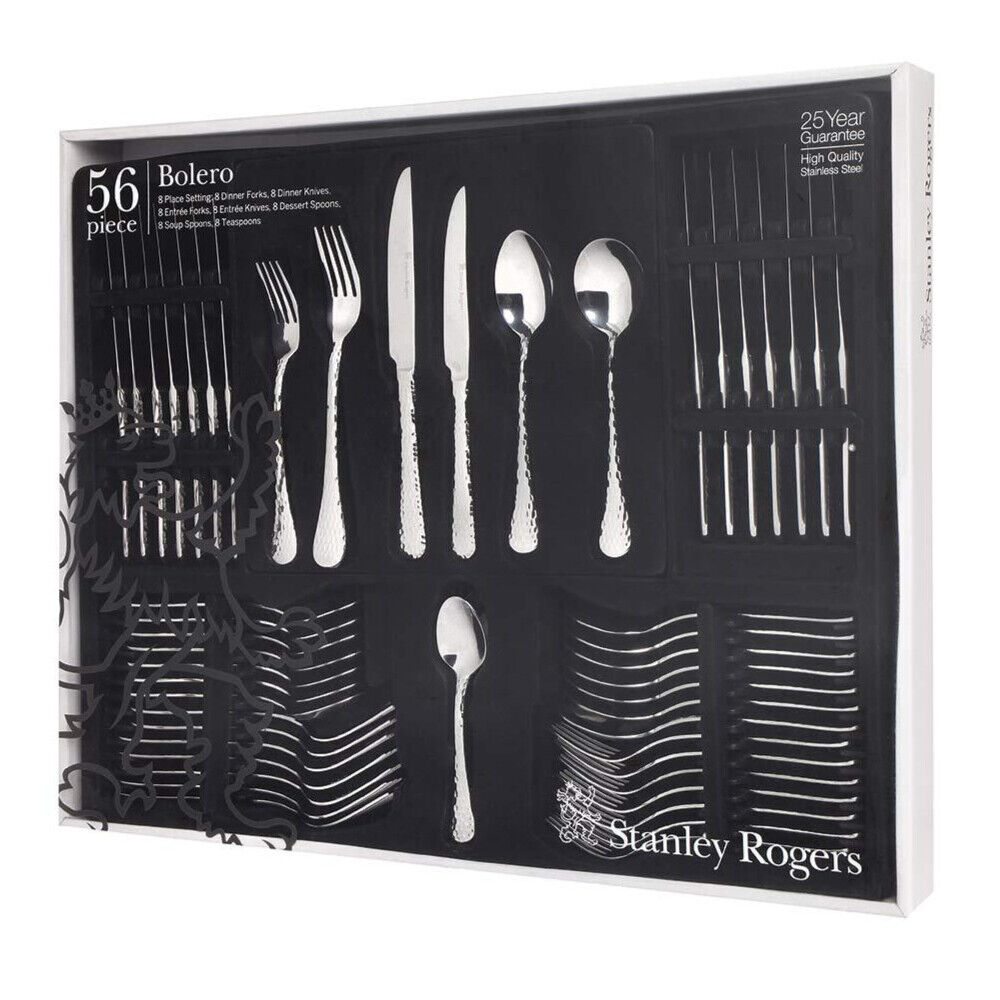 Stanley Rogers 56 Piece Cutlery Set | Stainless Steel Polished 8 Person Set | Forks, Knives, Spoons