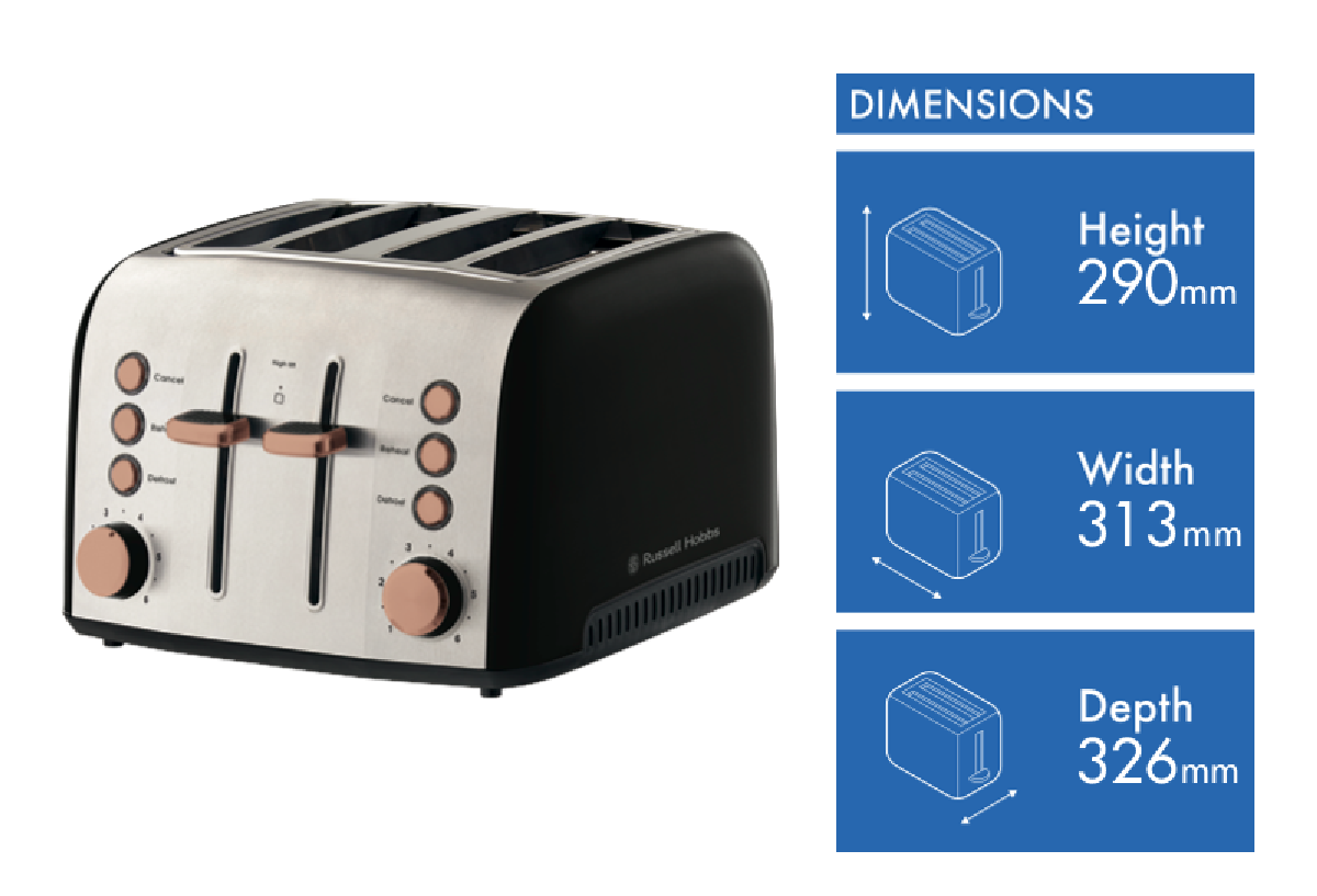 Russell Hobbs 4 Slice Toaster | Kitchen Bread Toasting Browning Machine | Wide Slots Defrost