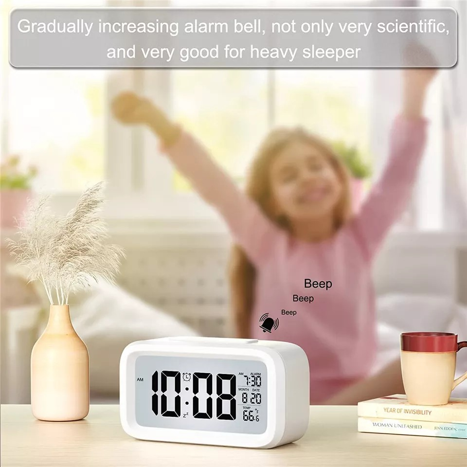 Digital Bedside LED Snooze Alarm Clock Time Temperature Day/Night Desktop Decor