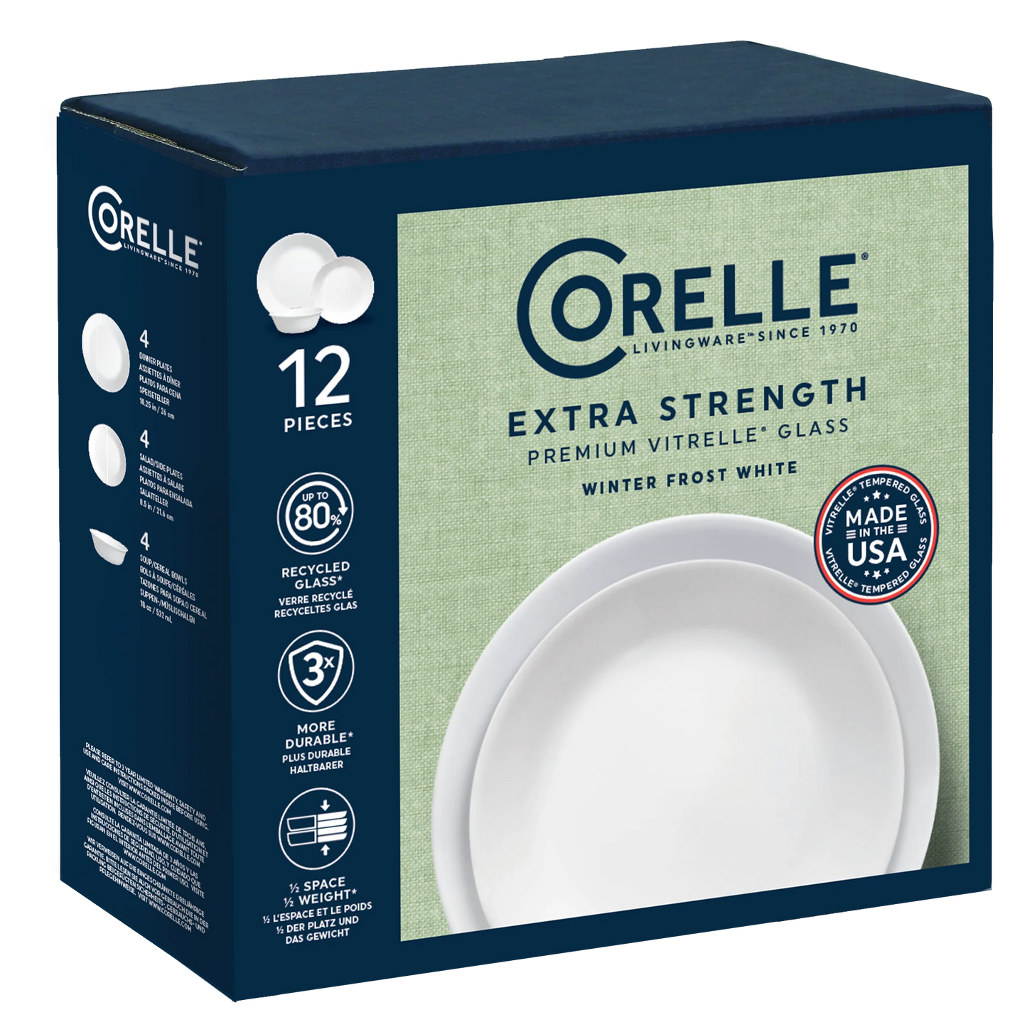 Corelle 12 Piece Dinner Set | 4 Person Plates Bowls Dinnerware | Classic Lightweight Microwave Fridge Safe