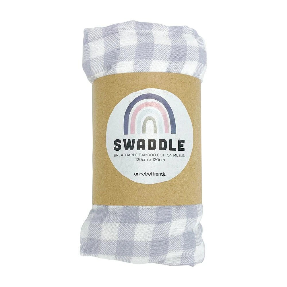 Annabel Trends Muslin | Baby Swaddle Sleeping Blanket | 120cm Gingham Cool Grey | 70% Bamboo 30% Cotton | All Natural