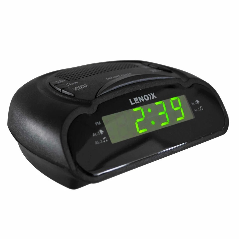 Lenoxx AM/FM Station Radio Digital LED Dual Alarm Clock Sounds Snooze/Sleep BLK