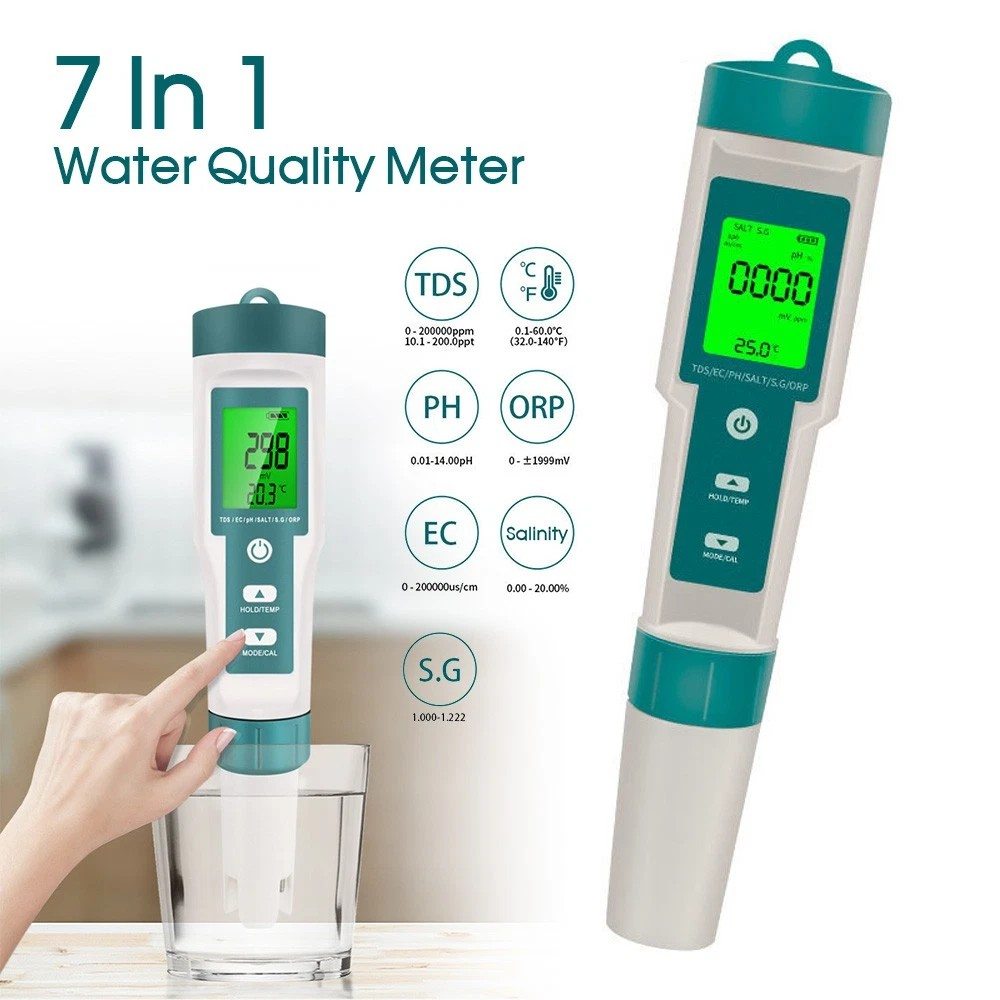 7 In 1 Digital PH Meter | TDS Meter Digital Tester Pen | Pool Water Quality Monitor | Measures PH,TDS, TEMP,EC, Salinity, SG, ORP |