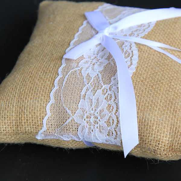Lace Jute Hessian Burlap Ring Pillow | Cushion Bearer Rustic Wedding