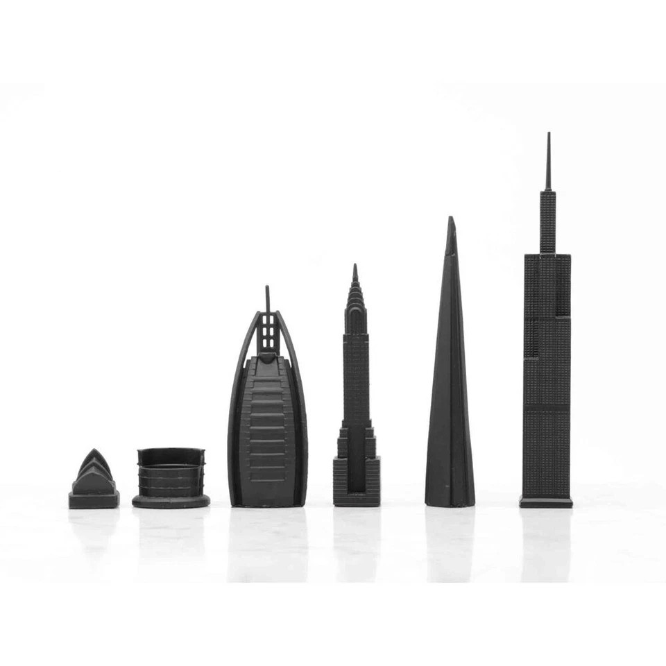 Stainless Steel Skyline Chess Board | World Icons Edition | Wooden Board/ Stainless Steel Pieces | 33 Pc Chess Set