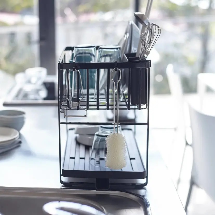 Yamazaki Tower 2 Tier Dish Rack | Space-Saving | Stylish Black | 360 degree drainage | Easy Install | Max Capacity 7.9 kg