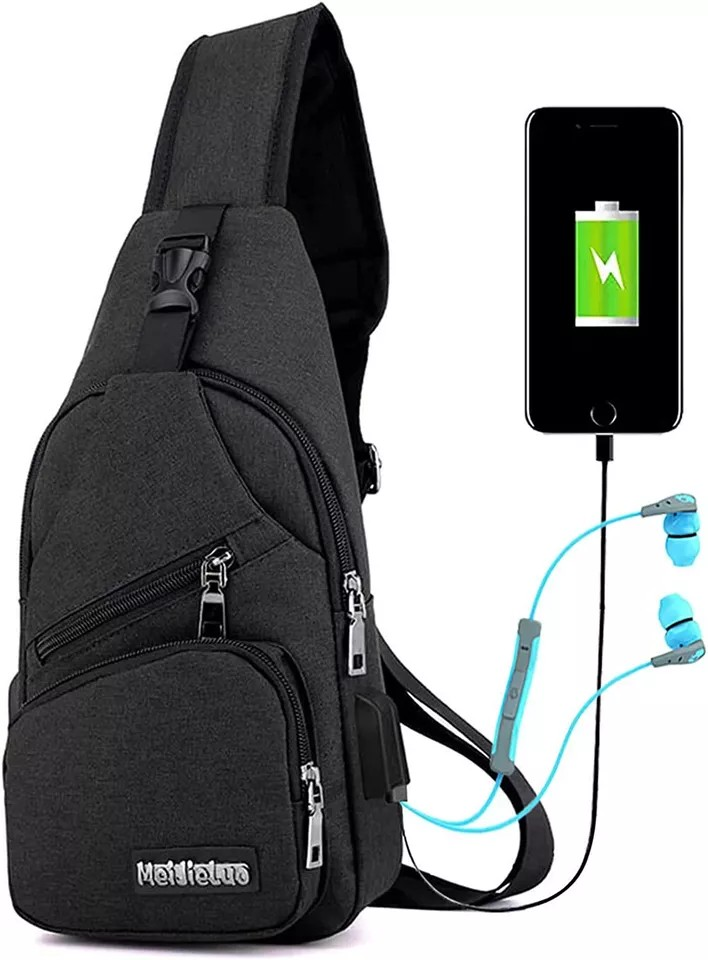 Men Chest Bag | Shoulder Backpack | Sling Cross Body Satchel | Travel Outdoor USB Port | Black