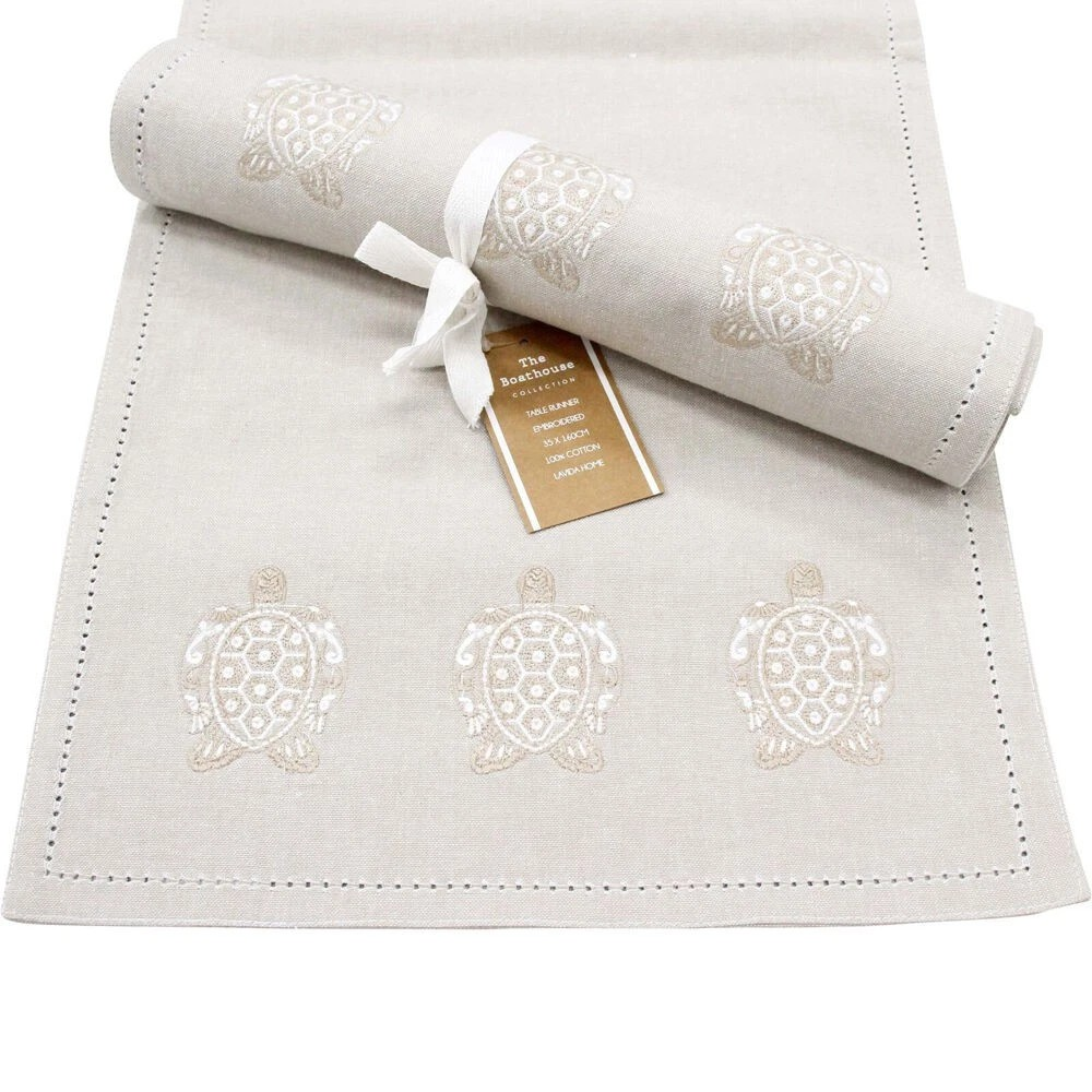 Table Runner Stonewashed Embroidered | Chambray Cotton | Embroidered Turtles | Table Runner 35x160cm