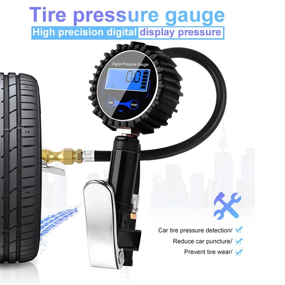 LED Digital Tyre Inflator Car Air Pressure Tire Gauge PSI Hose A Car Motorcycle | Cast aluminum alloy | Pistol grip | Displays KGF, BAR, PSI, KPA measurement | LCD digital display