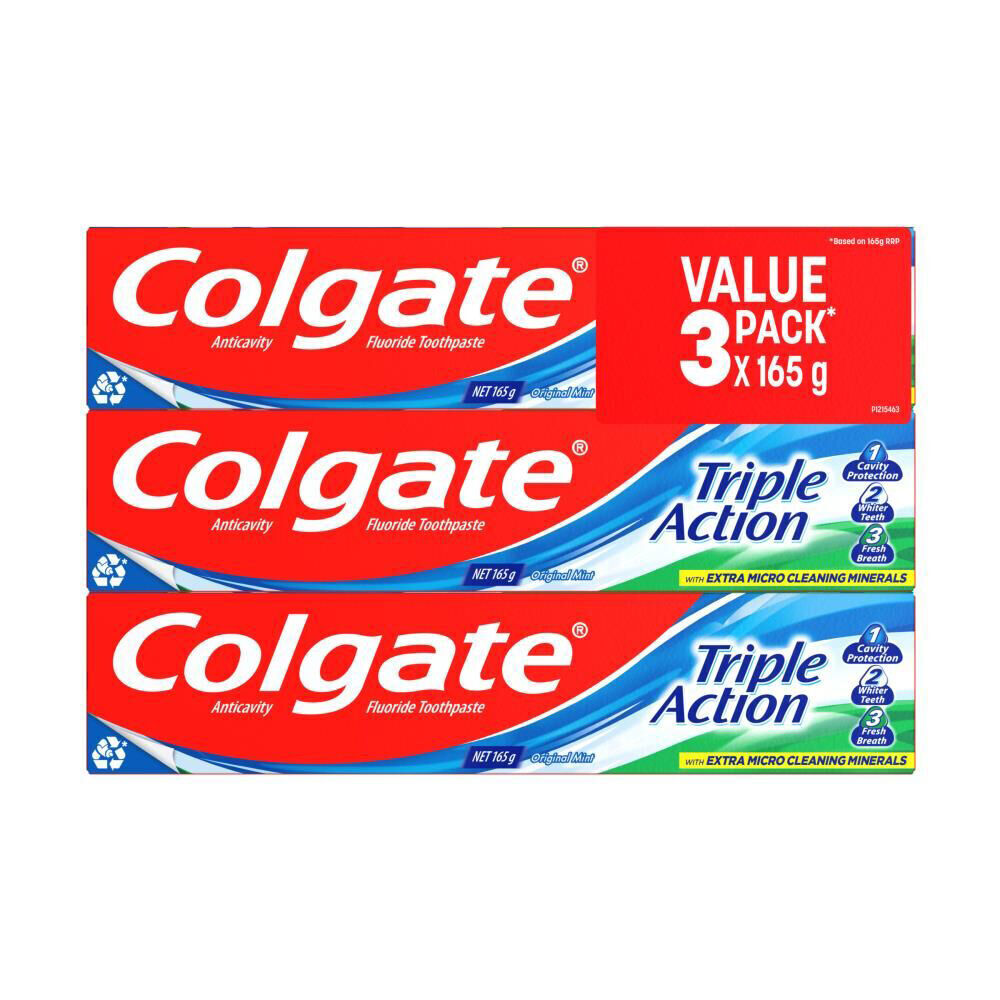 Colgate Triple Action Fluoride Toothpaste | 4x 3pc 165g | Dental Care Original Mint