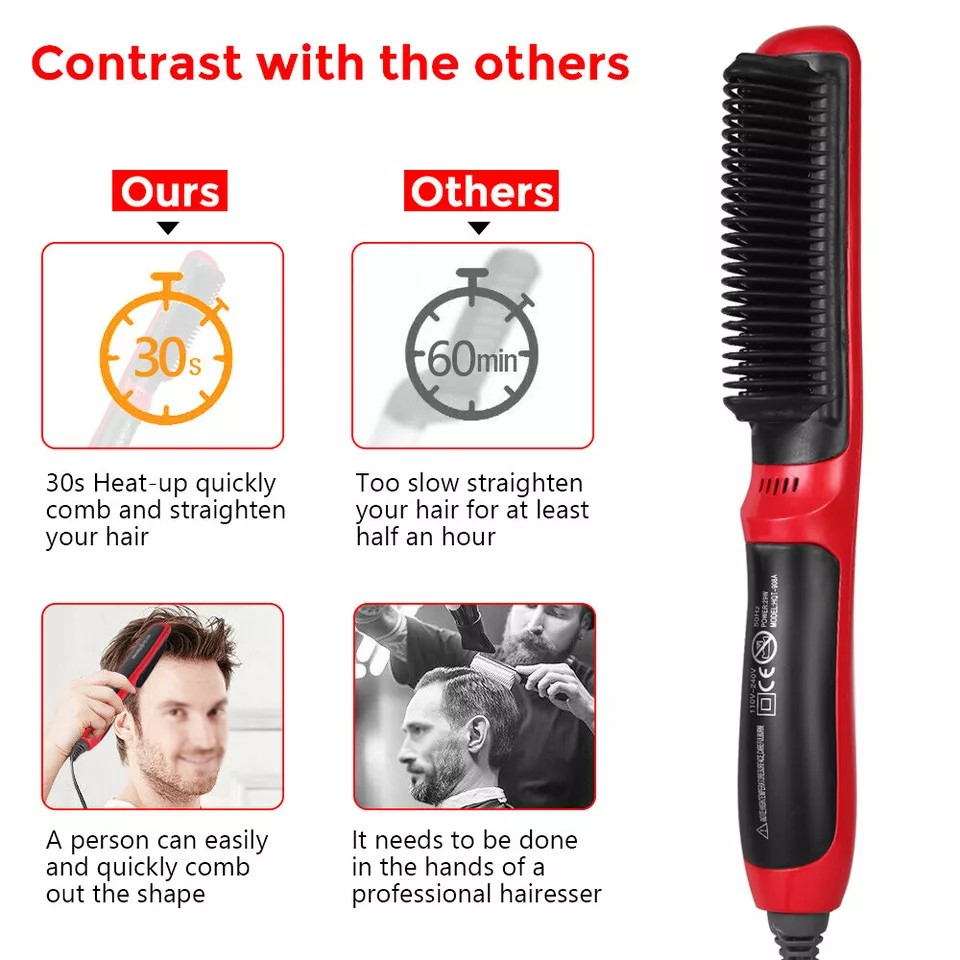 Mens Heated Beard Straightener | Hair Straightener | Brush Multifunctional Hair Comb | Curling Iron | Rapid Heating 15 Sec | No hair damage |