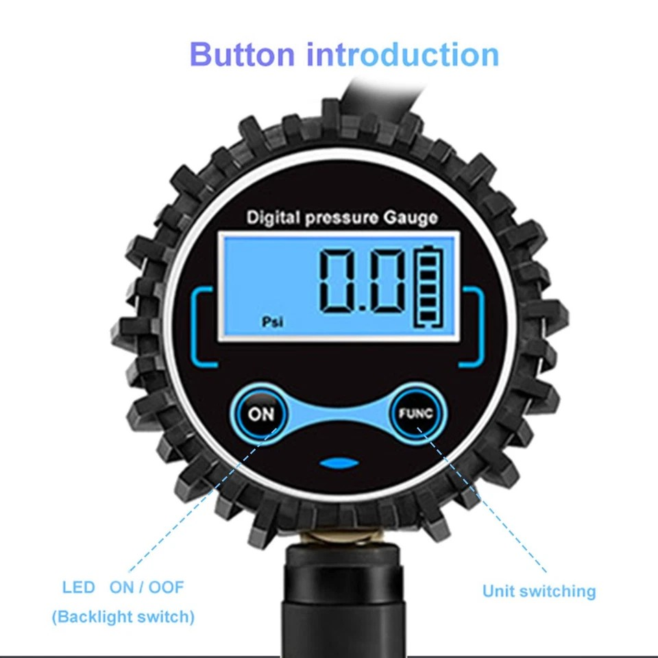 LED Digital Tyre Inflator Car Air Pressure Tire Gauge PSI Hose A Car Motorcycle | Cast aluminum alloy | Pistol grip | Displays KGF, BAR, PSI, KPA measurement | LCD digital display