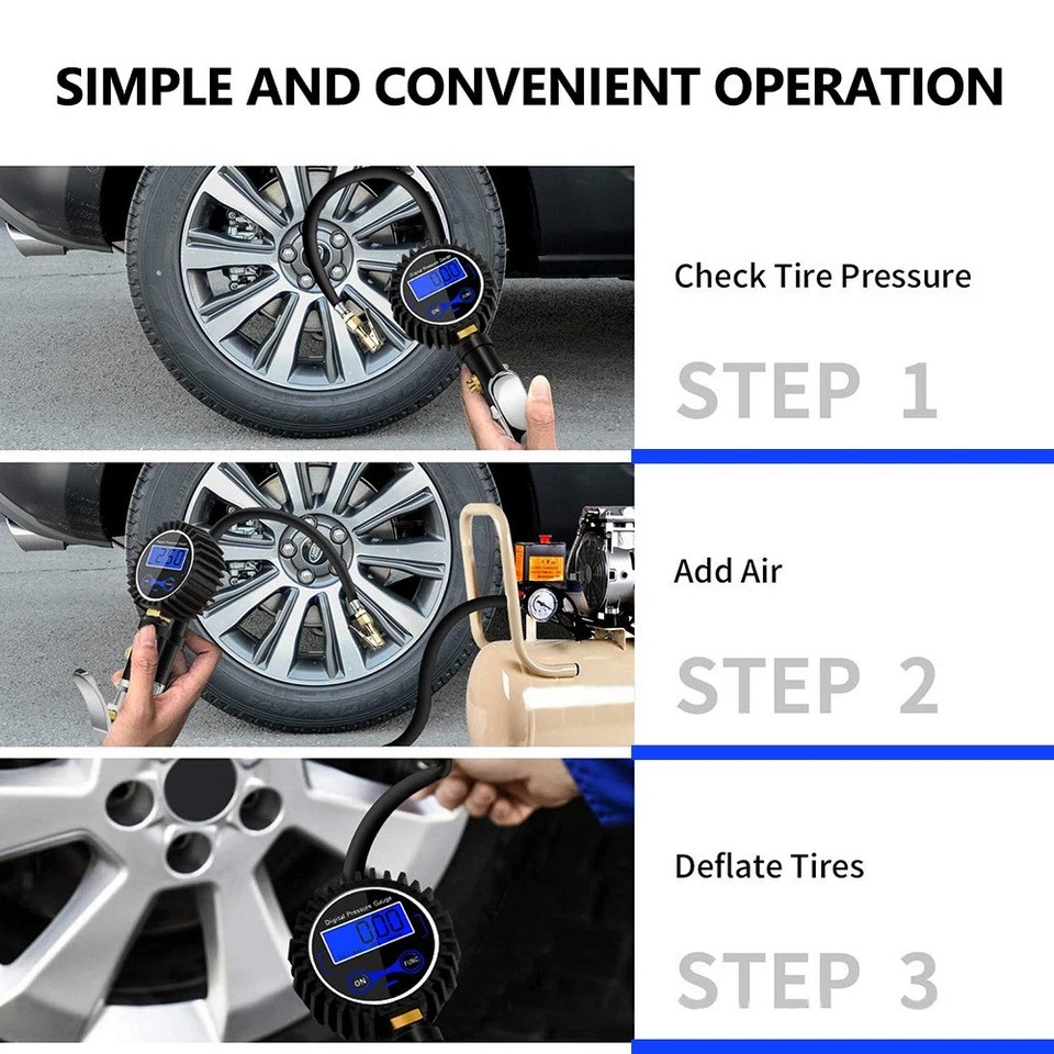 LED Digital Tyre Inflator Car Air Pressure Tire Gauge PSI Hose A Car Motorcycle | Cast aluminum alloy | Pistol grip | Displays KGF, BAR, PSI, KPA measurement | LCD digital display