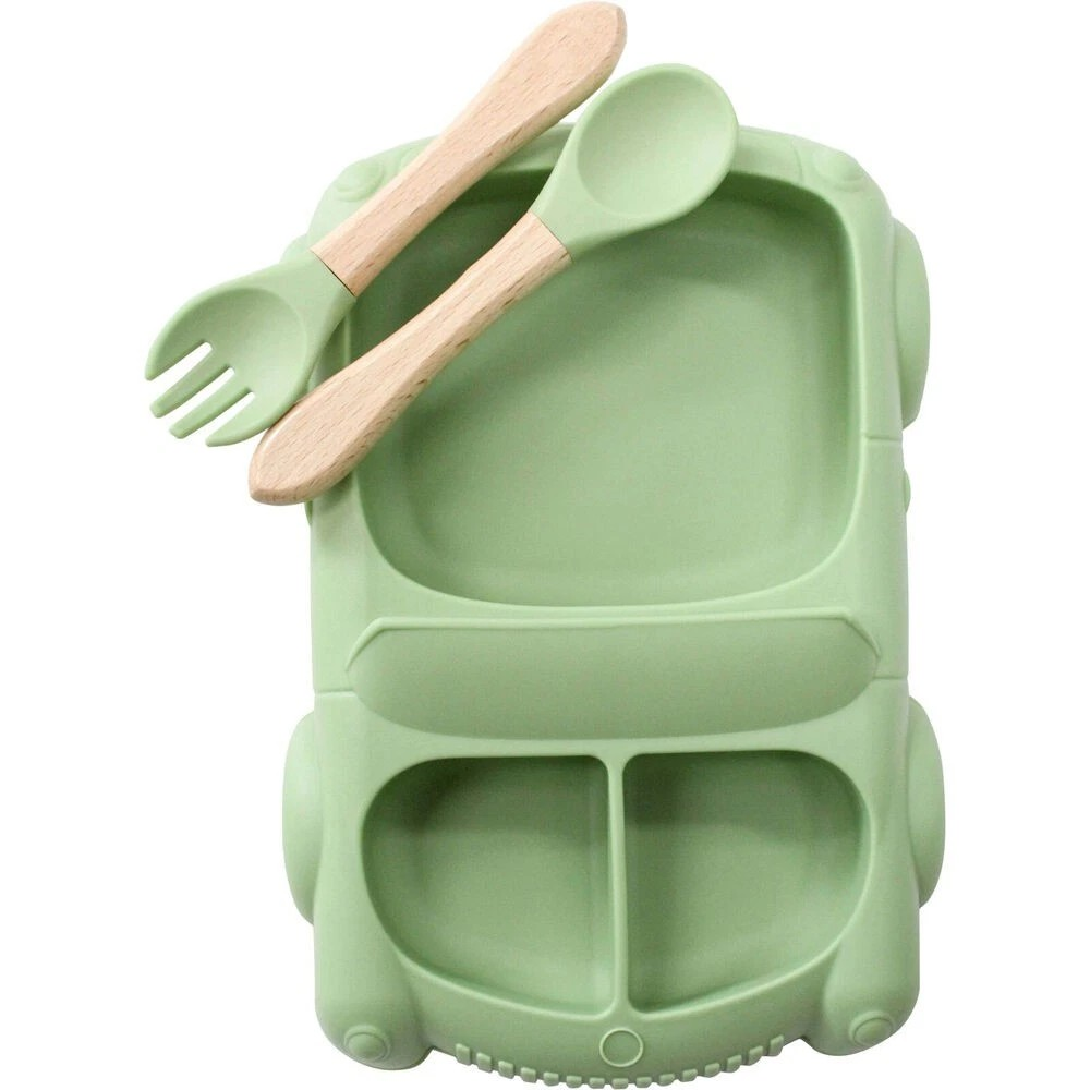 Racecar Silicone Baby Feeding Bowl and Cutlery | 3Pc Set 21x14.5cm Green