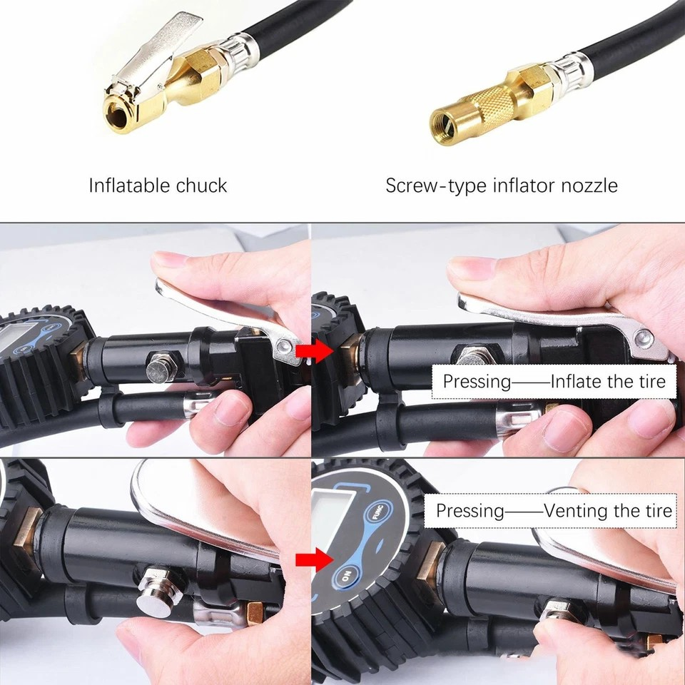 LED Digital Tyre Inflator Car Air Pressure Tire Gauge PSI Hose A Car Motorcycle | Cast aluminum alloy | Pistol grip | Displays KGF, BAR, PSI, KPA measurement | LCD digital display