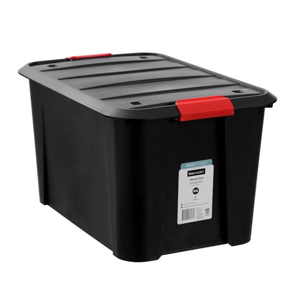Boxsweden Garaz | Eco Storage Organiser | Box/Tub w/ Wheels 50L | Assorted 4Pk | Clip Lock d