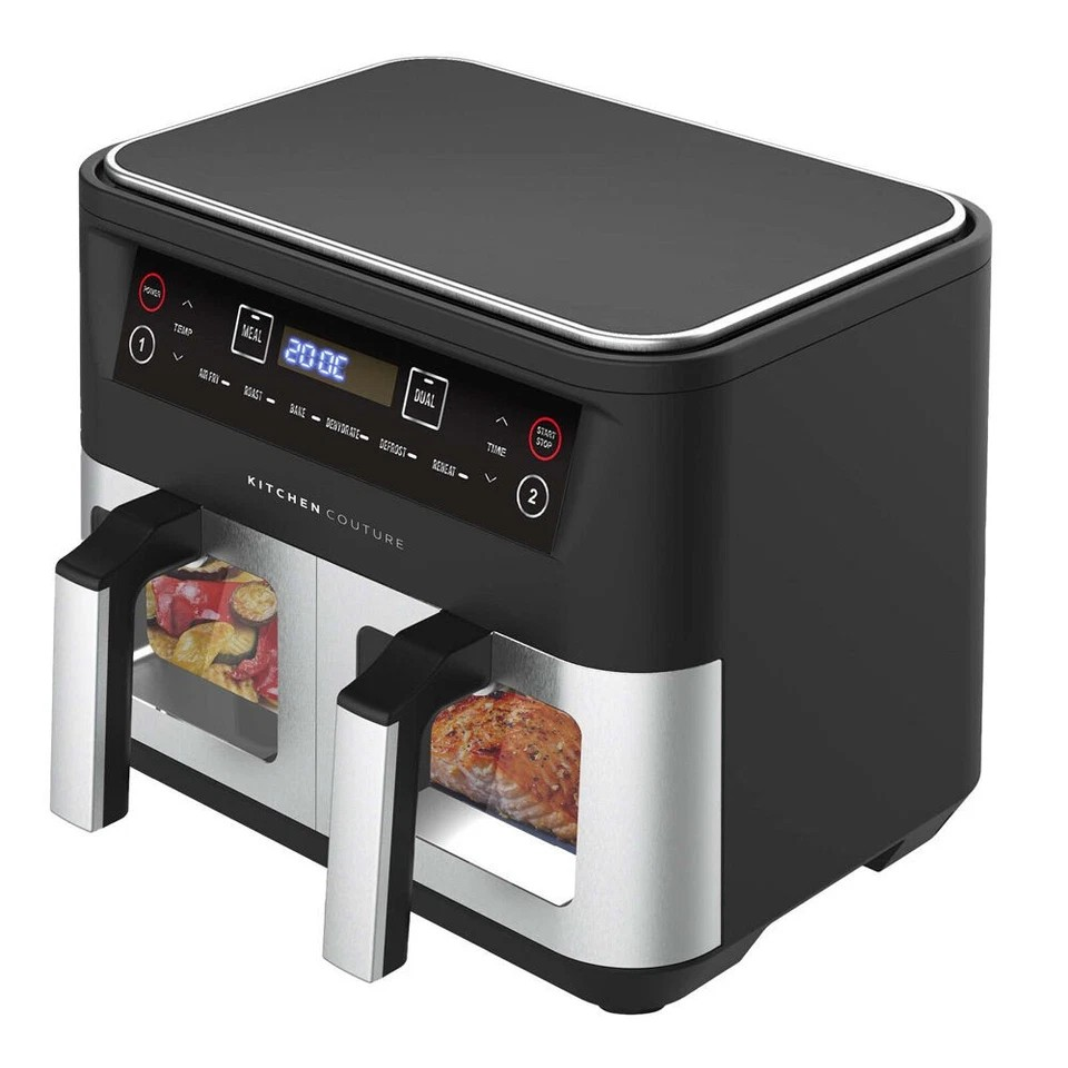 Kitchen Couture 10L Dual View Air Fryer | 1600W Stainless Steel | Large Capacity | Silver