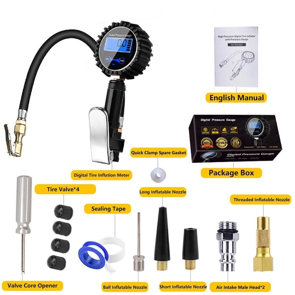LED Digital Tyre Inflator Car Air Pressure Tire Gauge PSI Hose A Car Motorcycle | Cast aluminum alloy | Pistol grip | Displays KGF, BAR, PSI, KPA measurement | LCD digital display