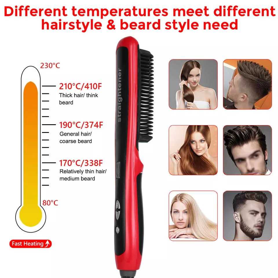 Mens Heated Beard Straightener | Hair Straightener | Brush Multifunctional Hair Comb | Curling Iron | Rapid Heating 15 Sec | No hair damage |