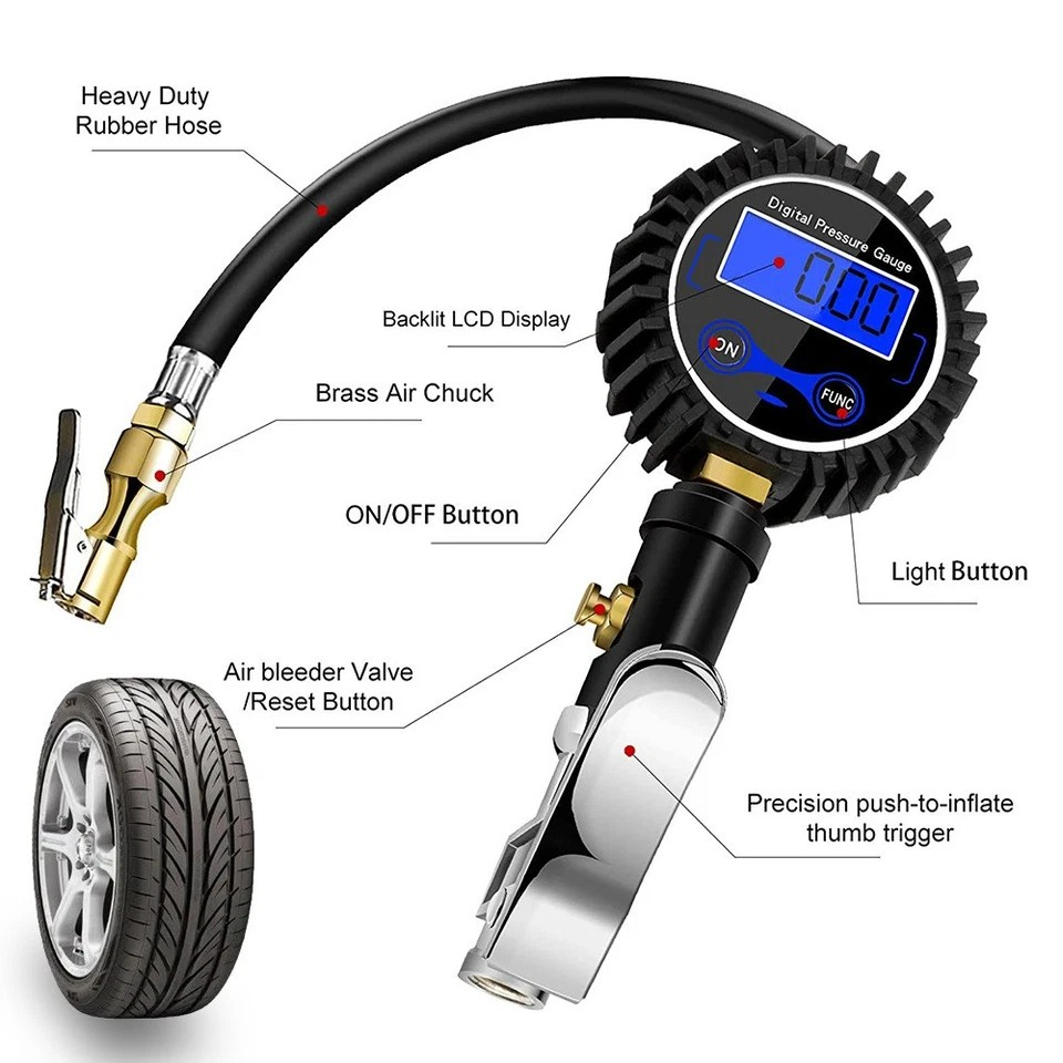 LED Digital Tyre Inflator Car Air Pressure Tire Gauge PSI Hose A Car Motorcycle | Cast aluminum alloy | Pistol grip | Displays KGF, BAR, PSI, KPA measurement | LCD digital display