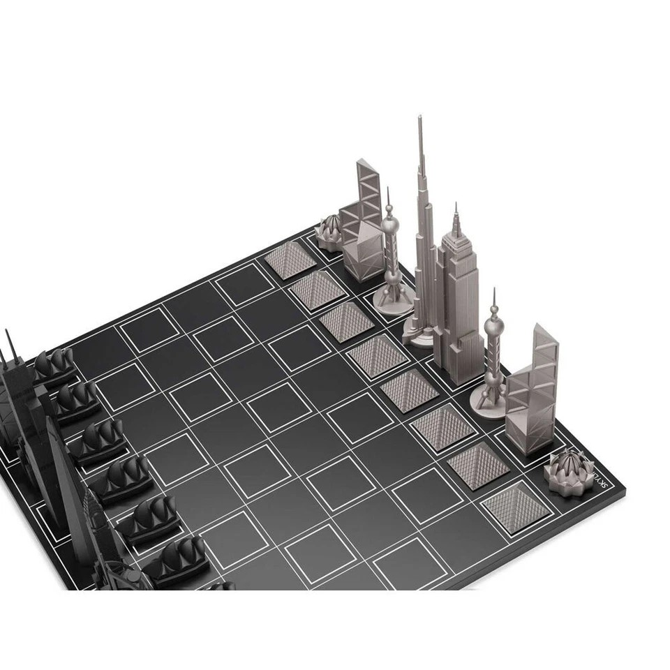 Stainless Steel Skyline Chess Board | World Icons Edition | Wooden Board/ Stainless Steel Pieces | 33 Pc Chess Set