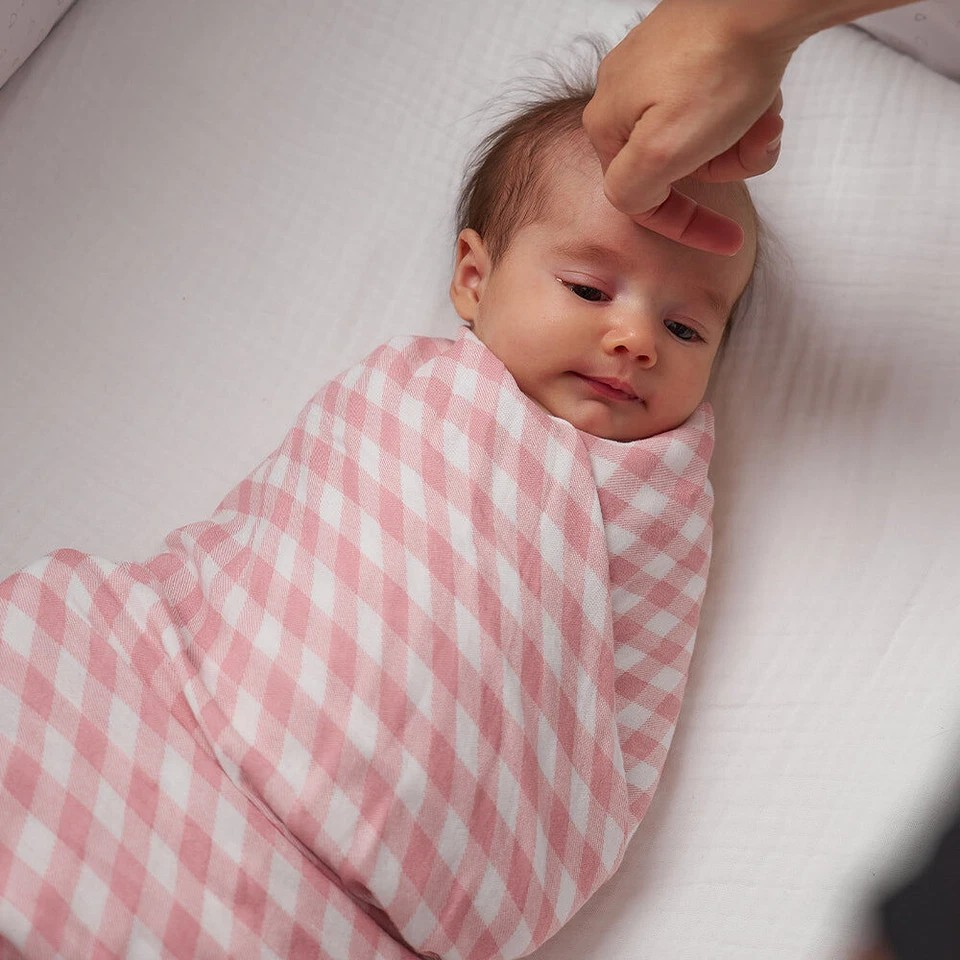 Annabel Trends Muslin | Baby Swaddle | Sleeping Blanket Wrap 120cm | Gingham Rhubarb