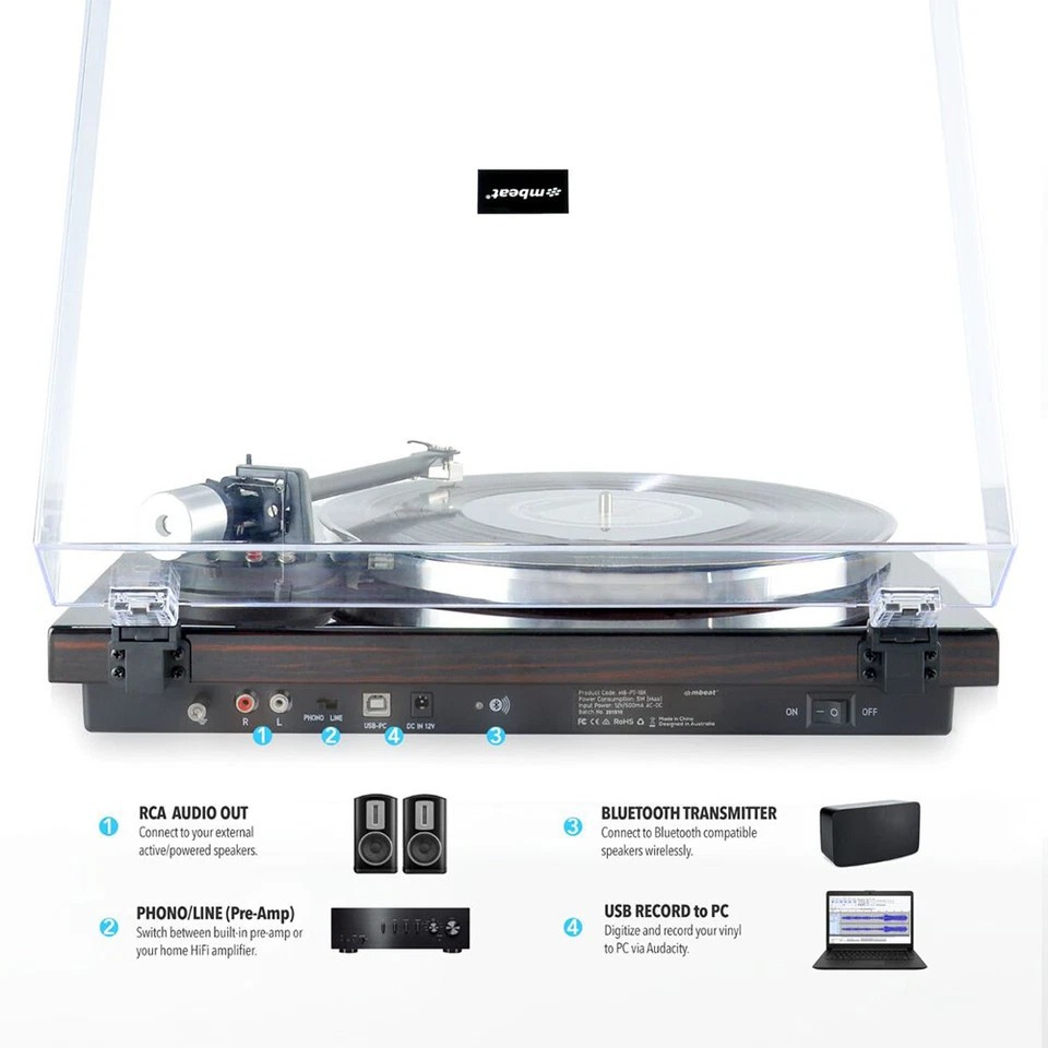 Mbeat Counter Weight/Anti-Skating Bluetooth Turntable Player w/USB/RCA/Phono Out
