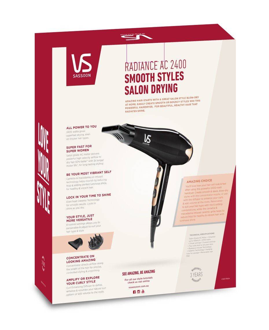 VS Sassoon Radiance AC 2400 Hair Dryer | Six Control Settings | 2400 Watts | Ceramic Heat Technology
