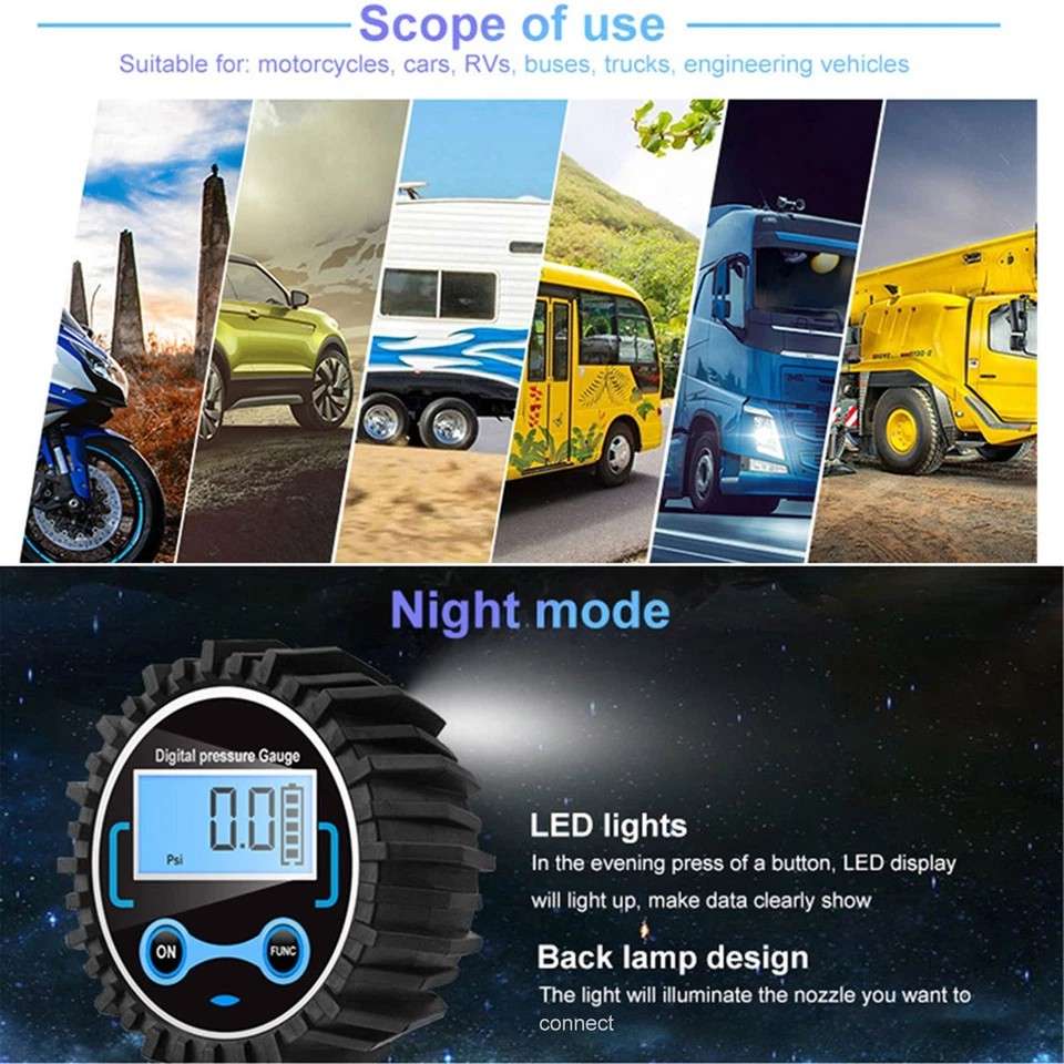 LED Digital Tyre Inflator Car Air Pressure Tire Gauge PSI Hose A Car Motorcycle | Cast aluminum alloy | Pistol grip | Displays KGF, BAR, PSI, KPA measurement | LCD digital display