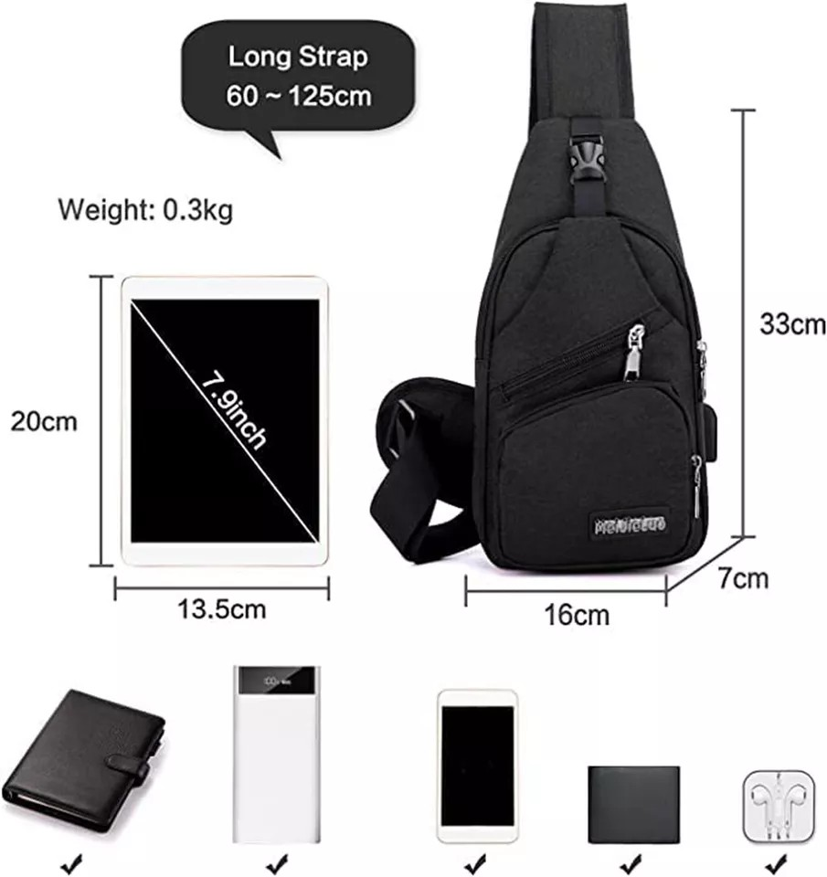 Men Chest Bag | Shoulder Backpack | Sling Cross Body Satchel | Travel Outdoor USB Port | Black