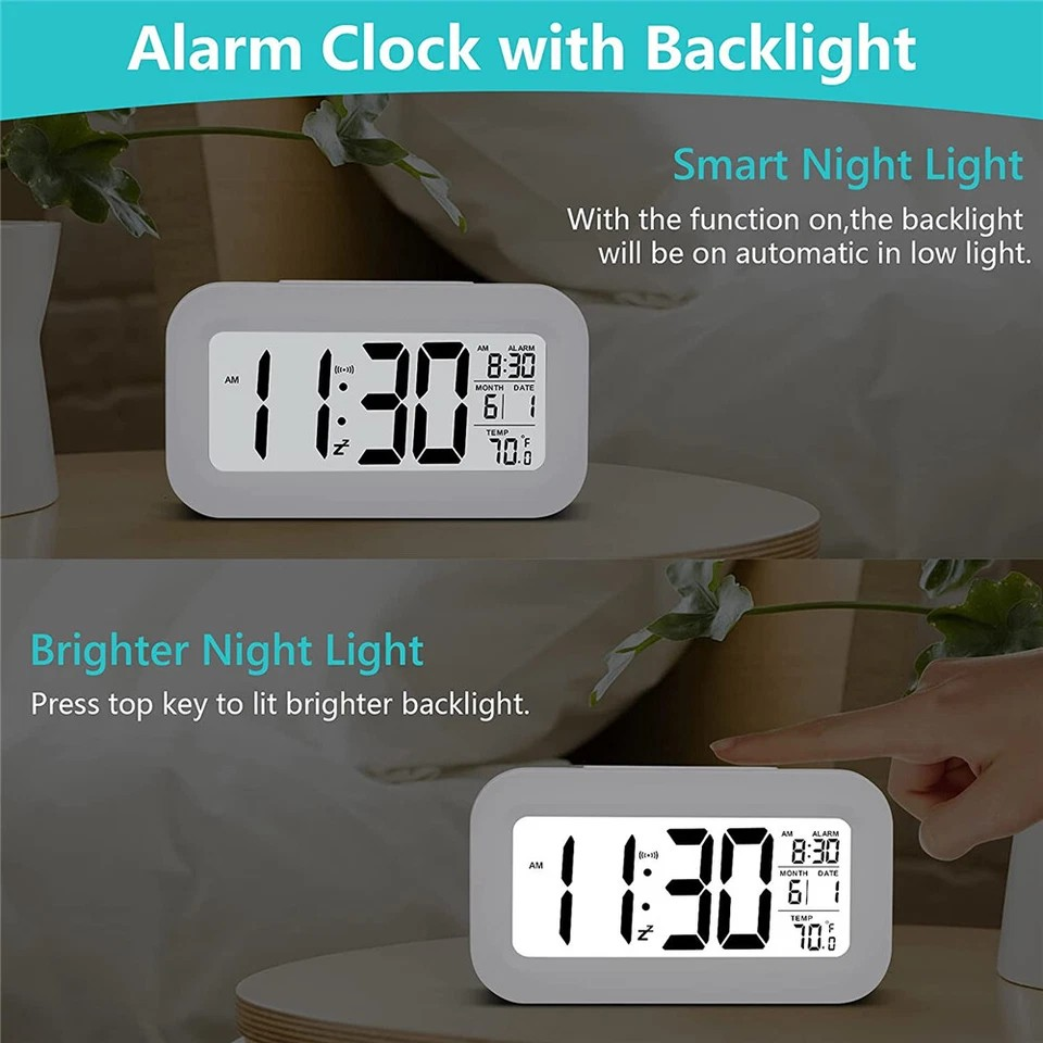 Digital Bedside LED Snooze Alarm Clock Time Temperature Day/Night Desktop Decor