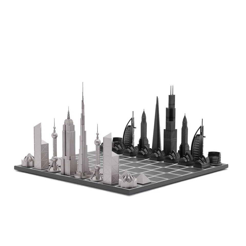 Stainless Steel Skyline Chess Board | World Icons Edition | Wooden Board/ Stainless Steel Pieces | 33 Pc Chess Set