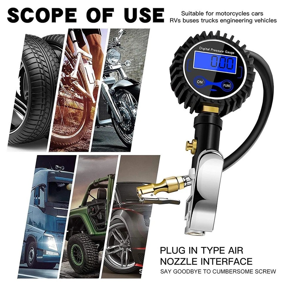 LED Digital Tyre Inflator Car Air Pressure Tire Gauge PSI Hose A Car Motorcycle | Cast aluminum alloy | Pistol grip | Displays KGF, BAR, PSI, KPA measurement | LCD digital display