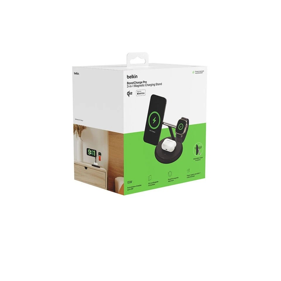 Belkin BoostCharge Pro | 3-in-1 Qi2 Wireless Charging Stand | MagSafe | Black