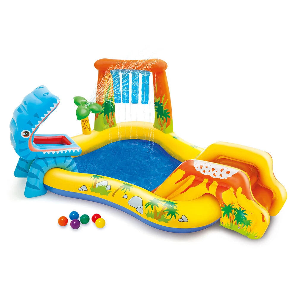 Intex Dinosaur Inflatable Swimming Pool | Size 249x191cm Play Centre | Suitable for Kids 3y+ | Six Colourful Balls and Volcano