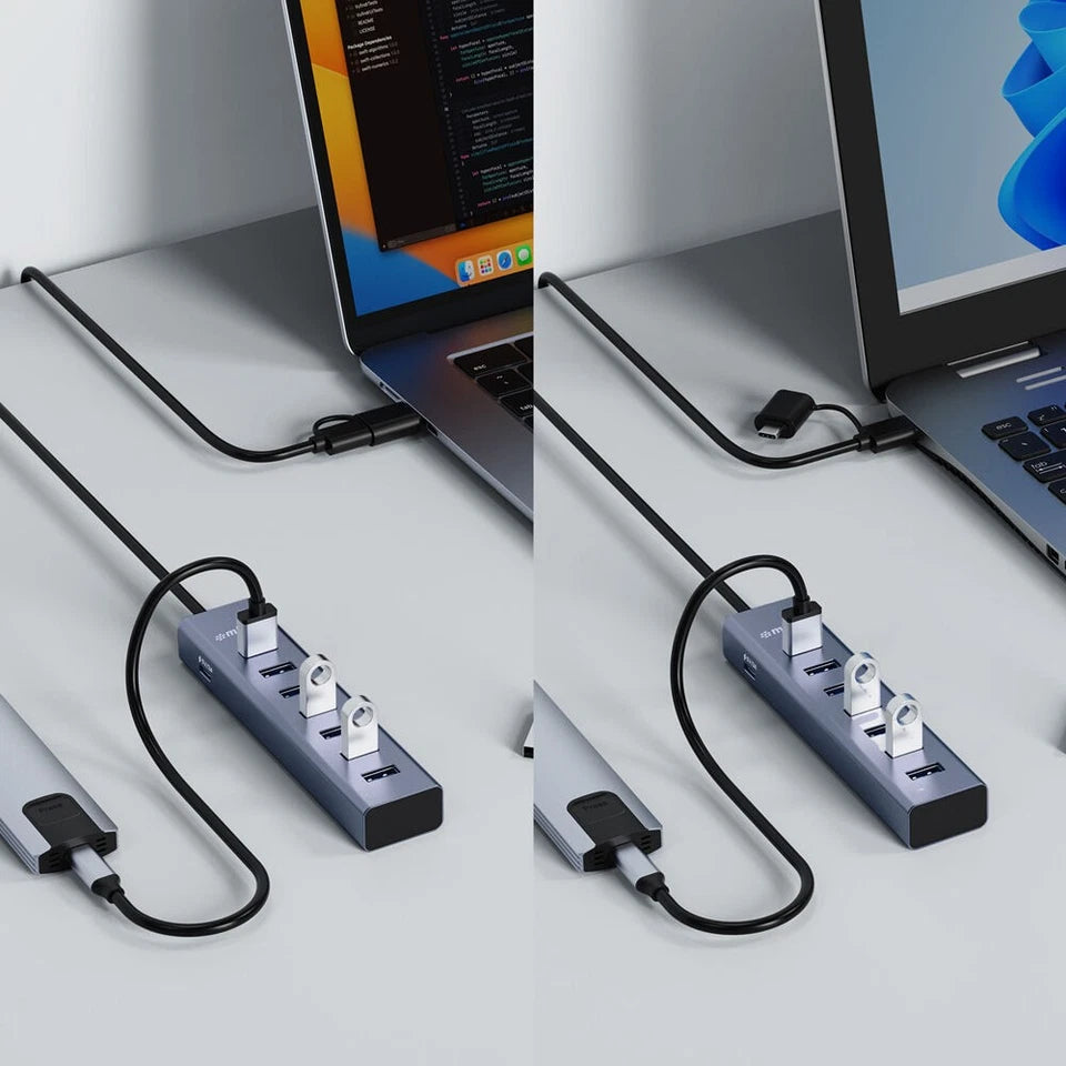 Mbeat 7-Port USB Hub | Dual USB-A & USB-C Connector Silver | 2-in-1 connector | enabling quick charging of smartphones, tablets, and other USB devices | supporting modern and legacy devices