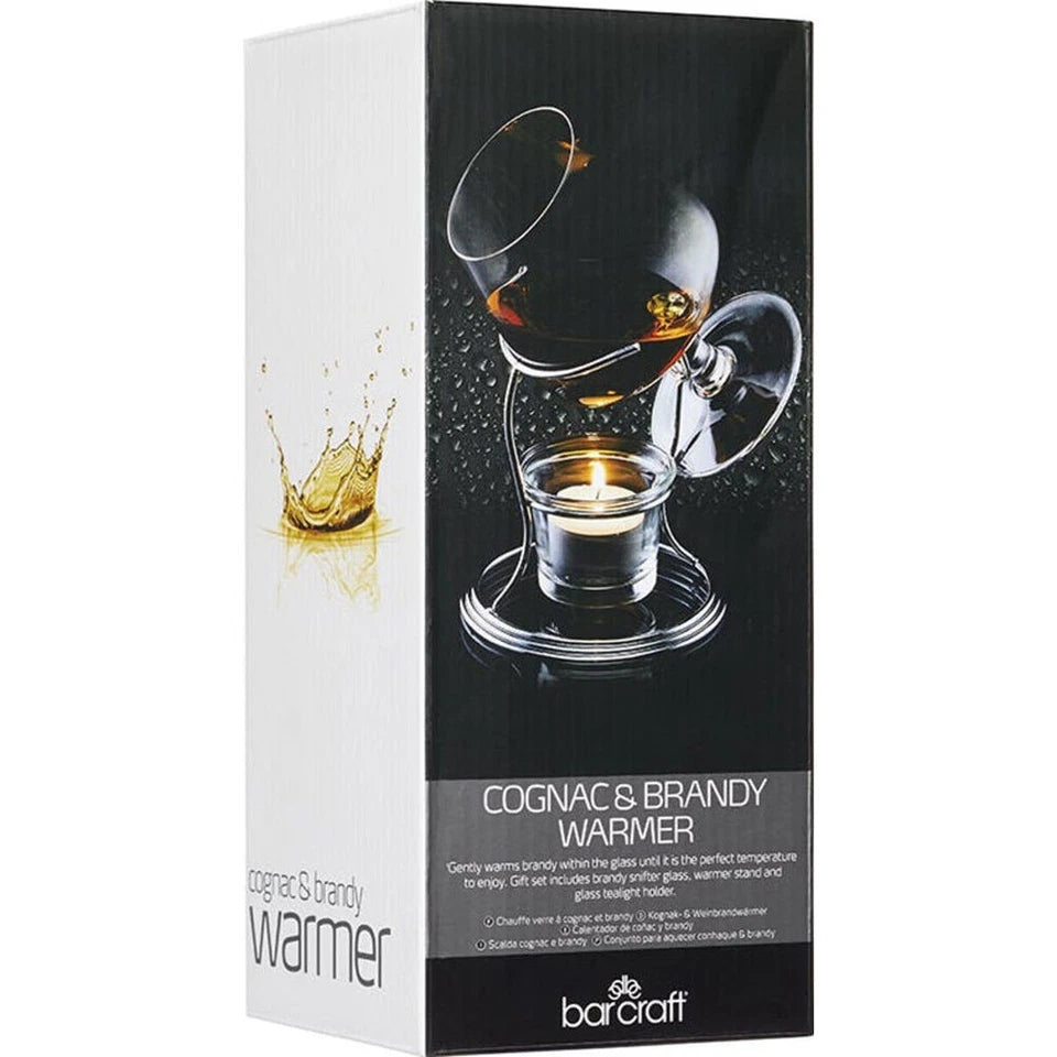 BarCraft Brandy & Cognac Chrome/Glass | 350ml Cup & Warmer Stand Set Clear | Brandy Warmer |