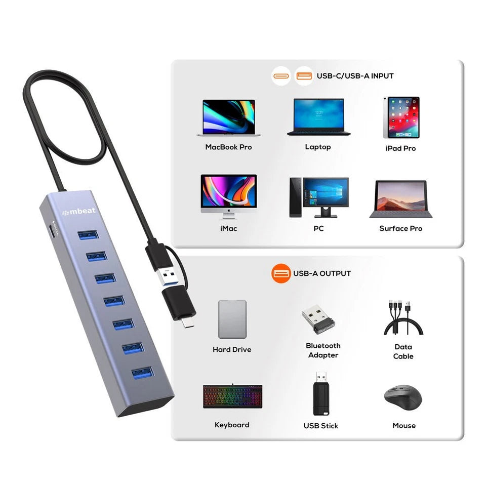 Mbeat 7-Port USB Hub | Dual USB-A & USB-C Connector Silver | 2-in-1 connector | enabling quick charging of smartphones, tablets, and other USB devices | supporting modern and legacy devices