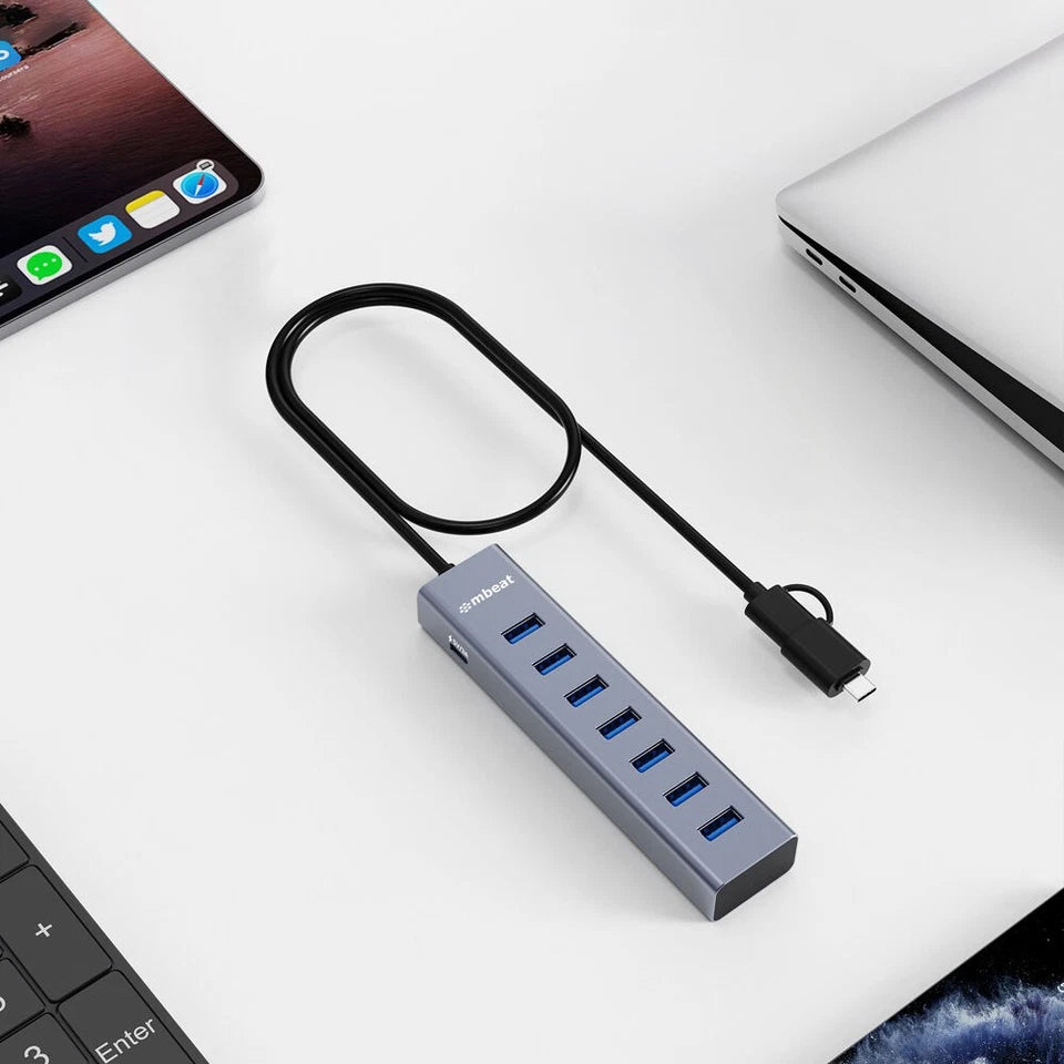 Mbeat 7-Port USB Hub | Dual USB-A & USB-C Connector Silver | 2-in-1 connector | enabling quick charging of smartphones, tablets, and other USB devices | supporting modern and legacy devices