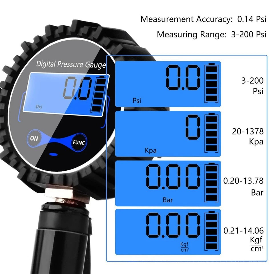 LED Digital Tyre Inflator Car Air Pressure Tire Gauge PSI Hose A Car Motorcycle | Cast aluminum alloy | Pistol grip | Displays KGF, BAR, PSI, KPA measurement | LCD digital display