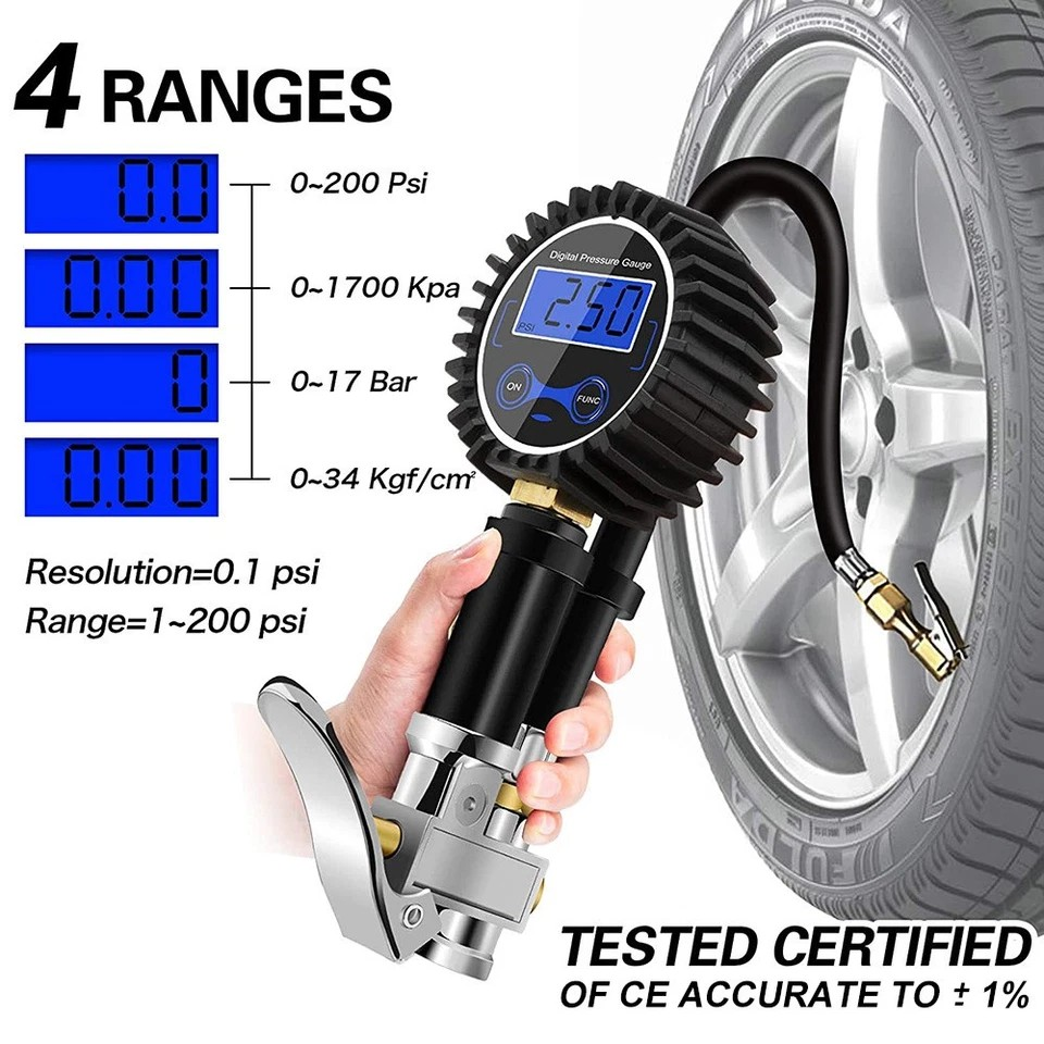 LED Digital Tyre Inflator Car Air Pressure Tire Gauge PSI Hose A Car Motorcycle | Cast aluminum alloy | Pistol grip | Displays KGF, BAR, PSI, KPA measurement | LCD digital display