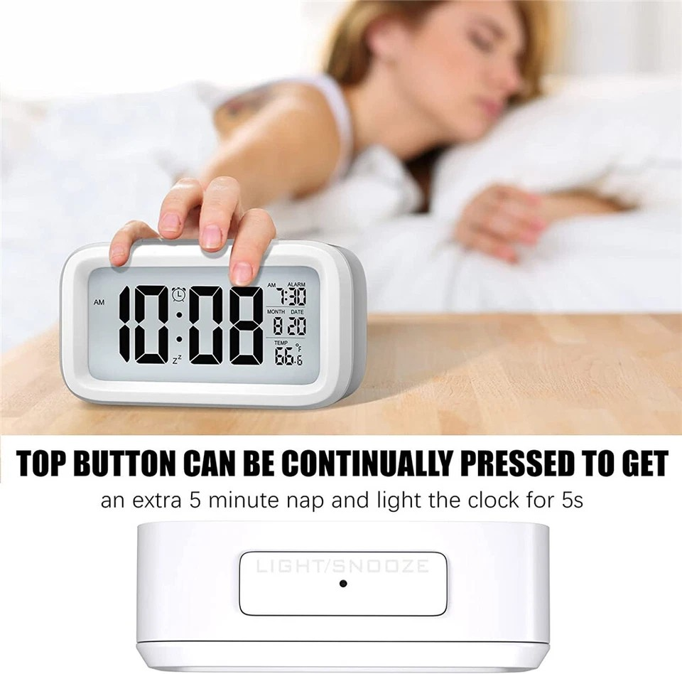 Digital Bedside LED Snooze Alarm Clock Time Temperature Day/Night Desktop Decor