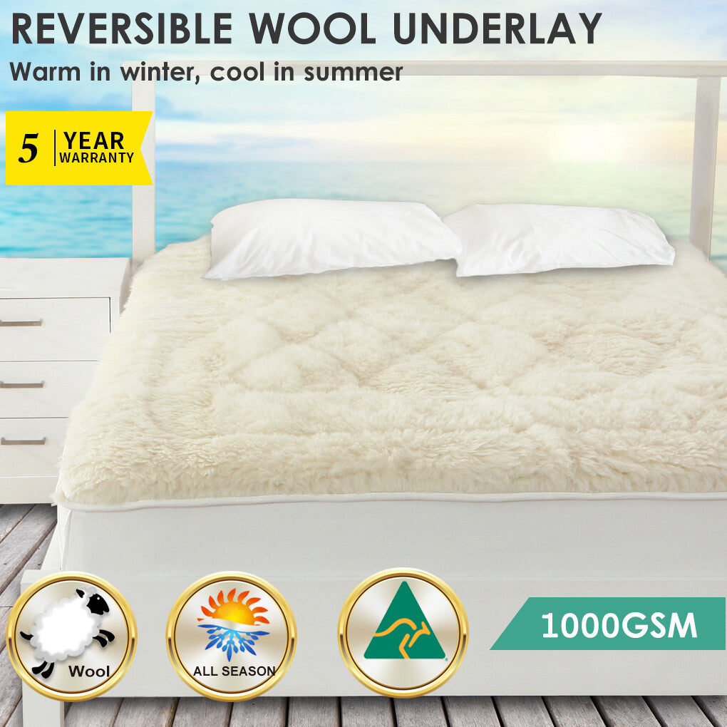 Queen Fully Fitted Reversible Wool Underlay - Australian Made Woollen Wollen Underblanket Topper Bedding 550 GSM