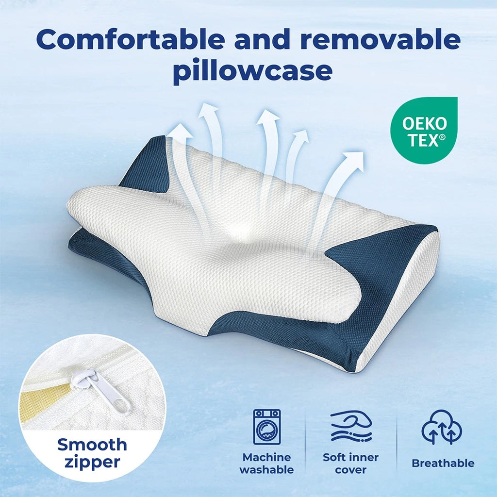 Premium Ergonomic Neck Pillow Back Side Stomach Sleeper Memory Foam - Machine Washable Cover