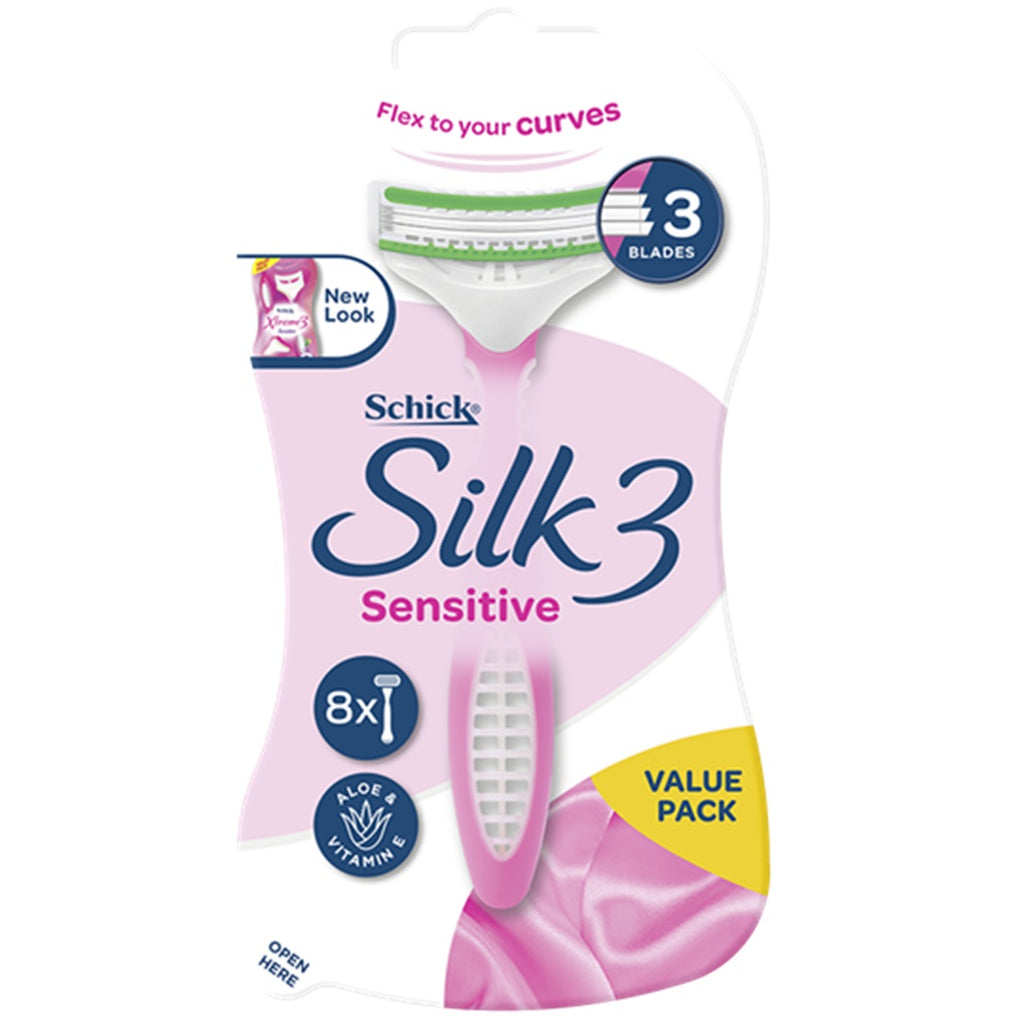Schick Women's Shaver | Silk 3 Blade Sensitive Razor | 8 Pack | Conditioning Strip with Aloe & Vit E