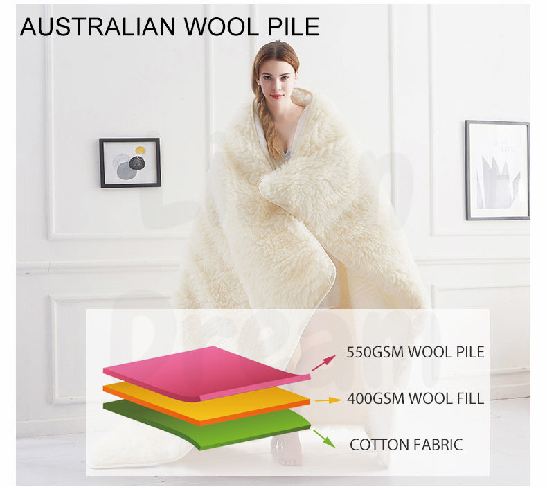 Queen Fully Fitted Reversible Wool Underlay - Australian Made Woollen Wollen Underblanket Topper Bedding 550 GSM