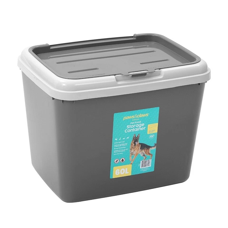 Paws & Claw 52.5x43cm 60L | W/Scoop Pet Dry Food Storer Bin | Storage Container Grey