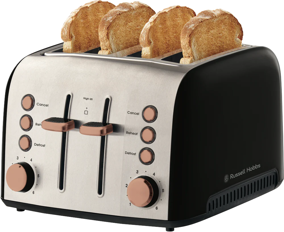 Russell Hobbs 4 Slice Toaster | Kitchen Bread Toasting Browning Machine | Wide Slots Defrost