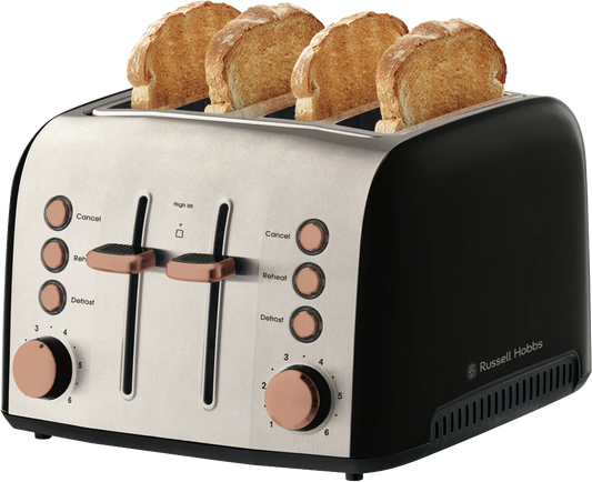 Russell Hobbs 4 Slice Toaster | Kitchen Bread Toasting Browning Machine | Wide Slots Defrost